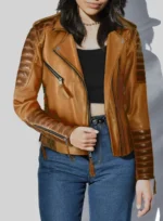 Womens Savant Mustard Brown Distressed Biker Leather Jackets