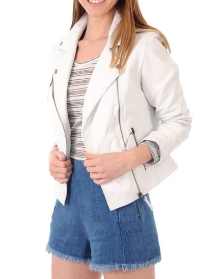 Womens Selina Biker White Leather Jacket For Sale