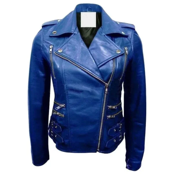 Zenith Motorcycle Asymmetrical Zipper Blue Leather Jacket