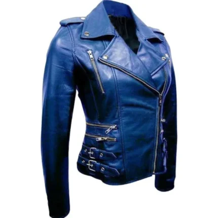 Zenith Motorcycle Asymmetrical Zipper Blue Leather Jackets