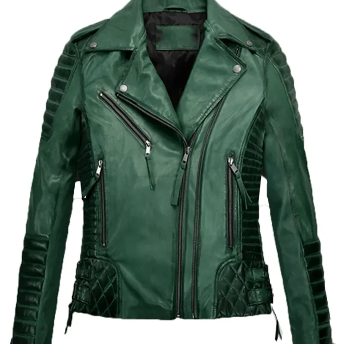 Zenna Green Quilted Biker Distressed Leather Jacket