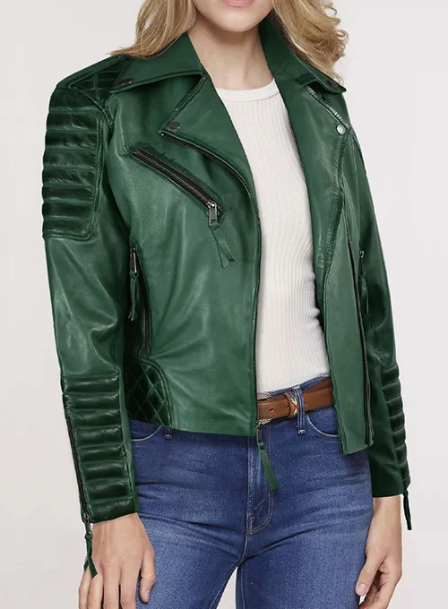 Zenna Green Quilted Biker Distressed Leather Jackets