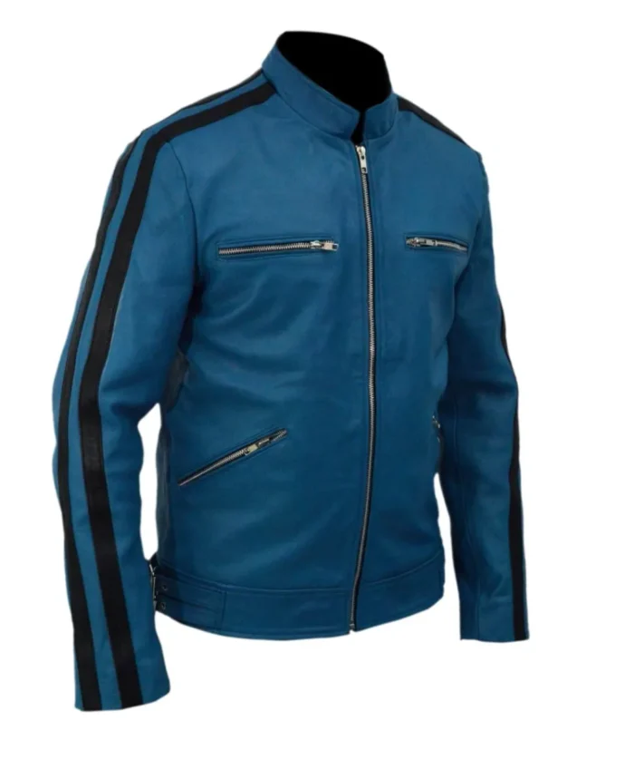 Cafe Racer Mens Johnny Blue Biker Real Leather Jacket