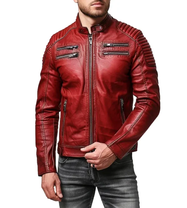 James Red Cafe Racer Genuine Leather Jacket