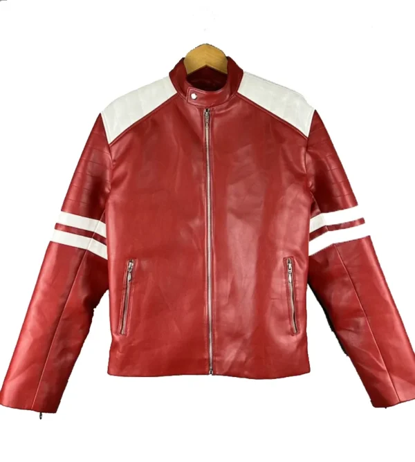 Kellan Red With White Stripes Biker Style Leather Jacket