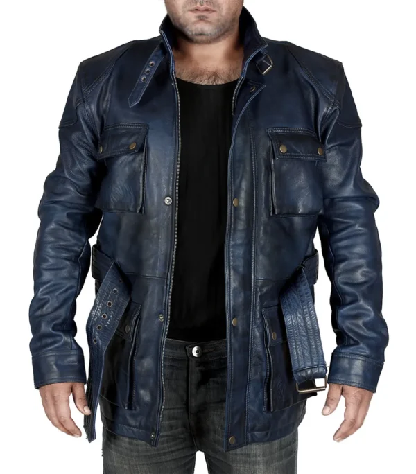 Mathew Blue Bomber Long Real Leather Jacket