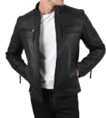 Mens Biker John Cafe Racer Black Quilted Leather Jacket