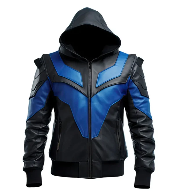 Mens Black And Blue Genuine Hooded Leather Jacket