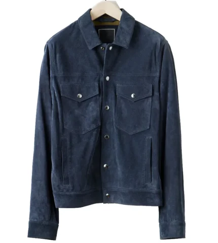 Men’s Blue Suede Leather Biker Shirt Jacket