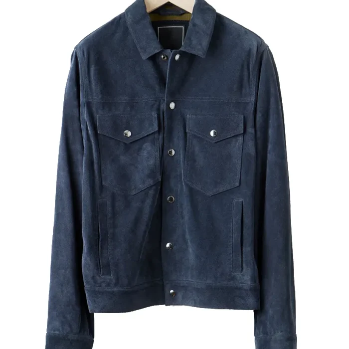 Men’s Blue Suede Leather Biker Shirt Jacket