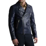 Mens Navy Blue Biker Leather Jacket