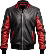 Mens Red and Black Varsity Bomber Leather Jacket