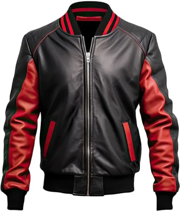 Mens Red and Black Varsity Bomber Leather Jacket