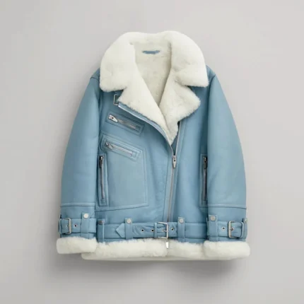 Womens Light Blue Aviator Shearling Leather Jacket