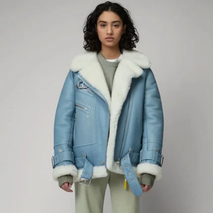 Womens Light Blue Aviator Shearling Leather Jackets